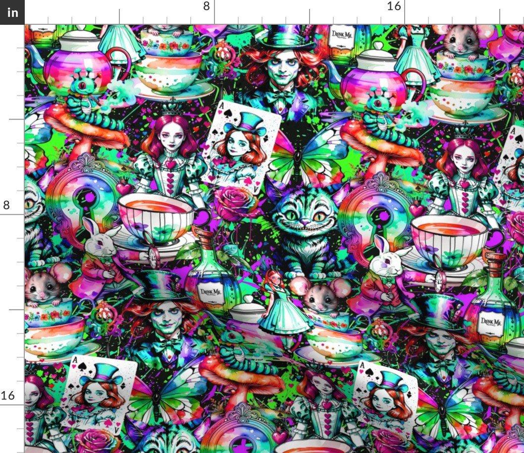 Wonderland Drip Dark BKGD Green And Pinks